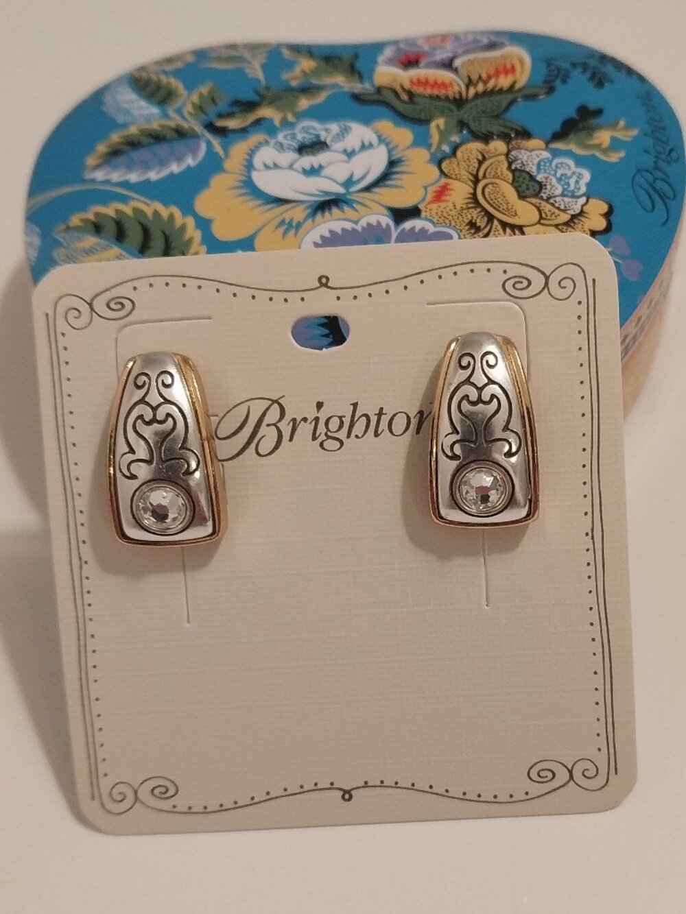 💗Brighton Earrings, Crystal, Post "Aries" 1/2 Hoop, Silver-Gold Color NWOT💗